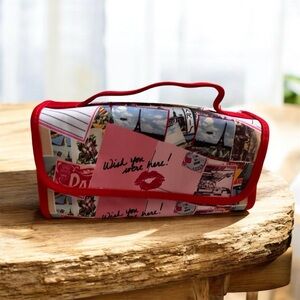 Lancôme Travel Cosmetic Organizer • Postcard Print • Red Trim Multi-Pocket Roll